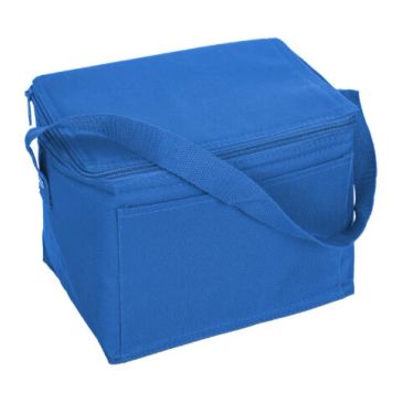Blue insulated lunch bag with shoulder strap.
