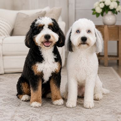 Angel and Bogie mini Bernedoodles sitting together indoors