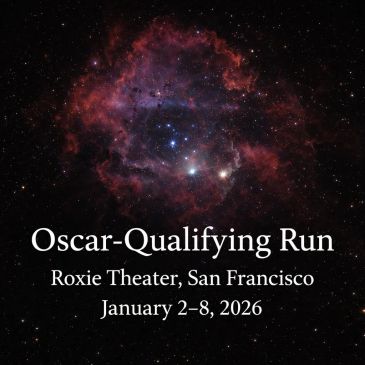 Astronomical background with text about Oscar-Qualifying Run at Roxie Theater.