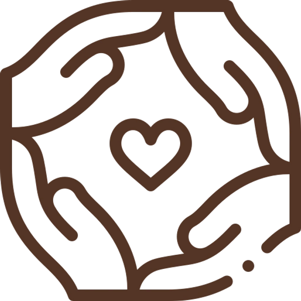 A brown outline of four hands circling a simple heart