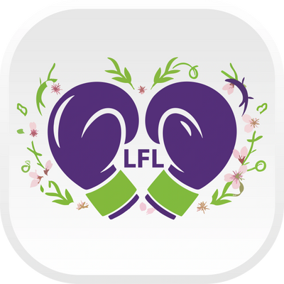 Purple boxing gloves with green cuffs and floral decoration around, labeled LFL.