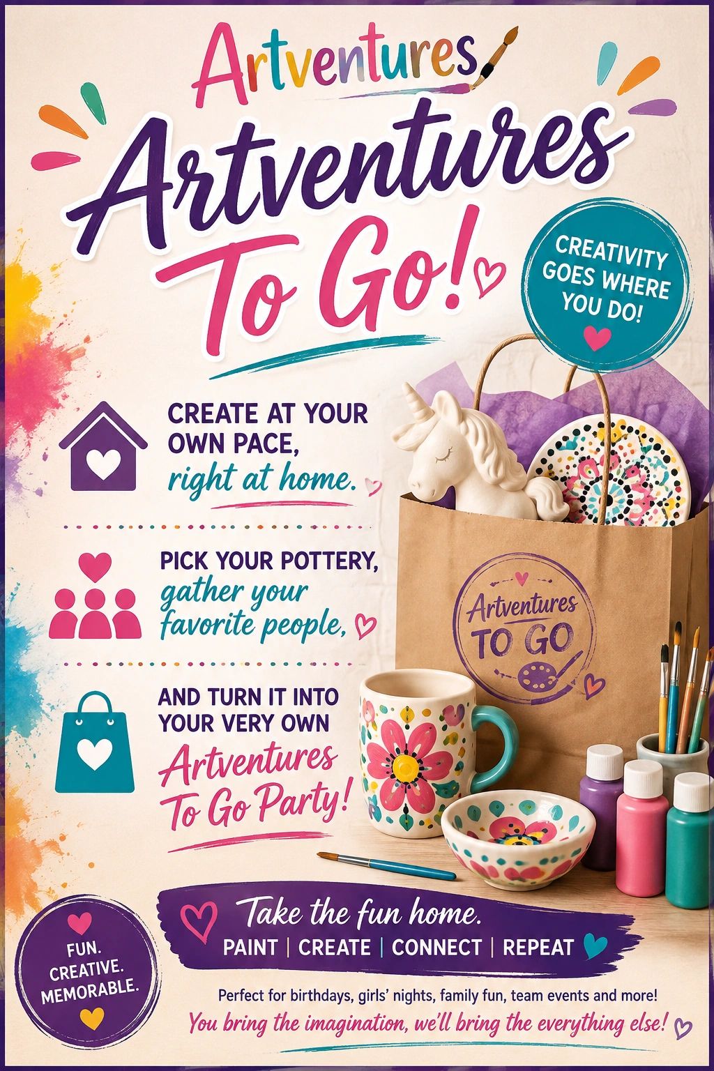 Artventures To Go pottery painting kit for creative fun at home.