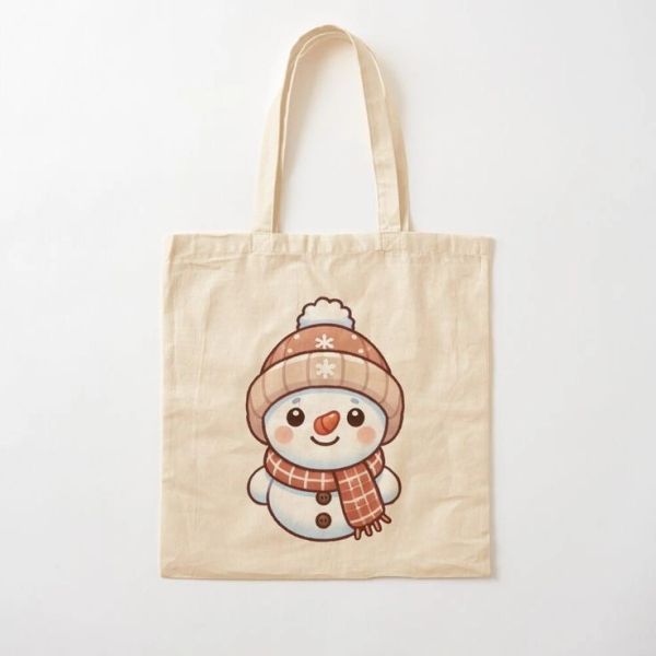 Beige tote bag with a cute snowman wearing a hat and scarf illustration.