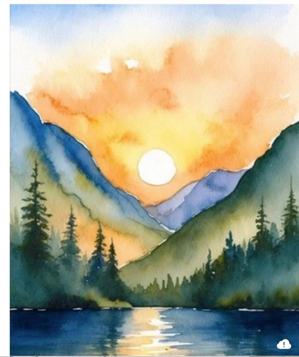 Watercolor painting of a sunset over a mountain lake with pine trees.