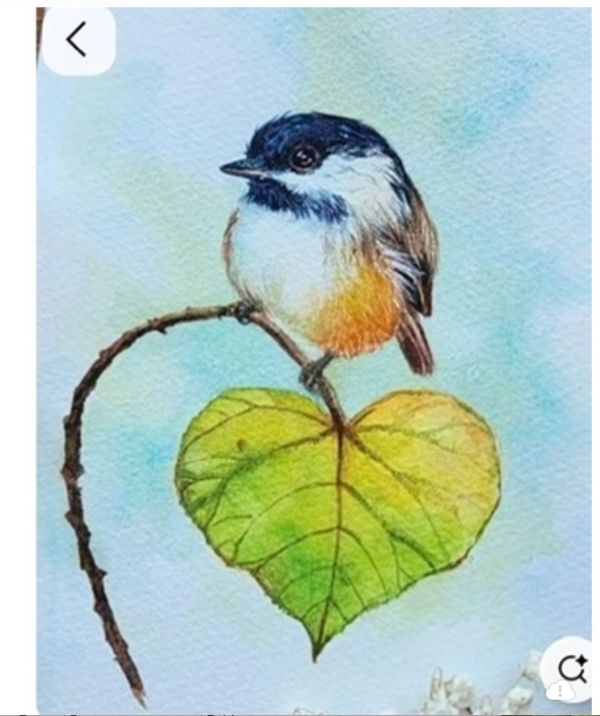 Watercolor painting of a small bird perched on a heart-shaped leaf.