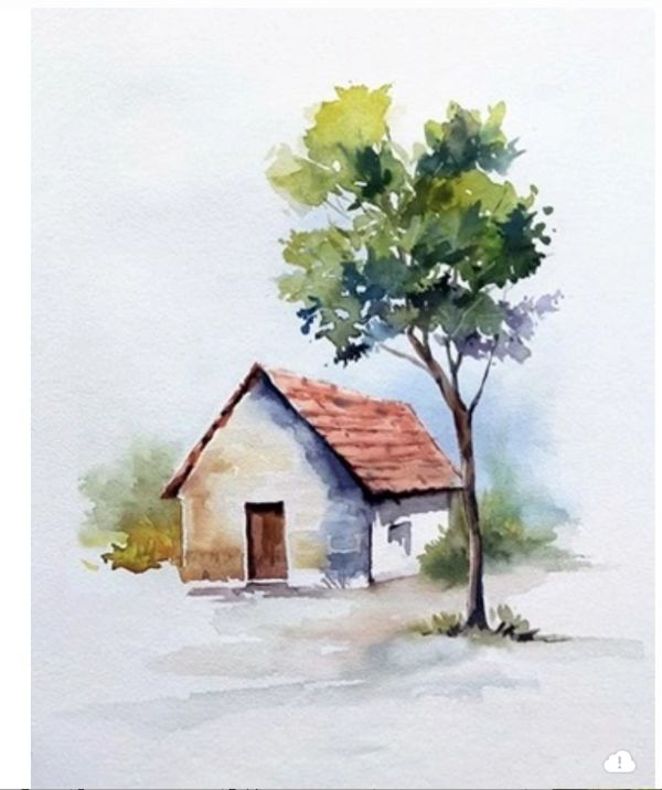 Watercolor painting of a small house with a red roof and a tree beside it.
