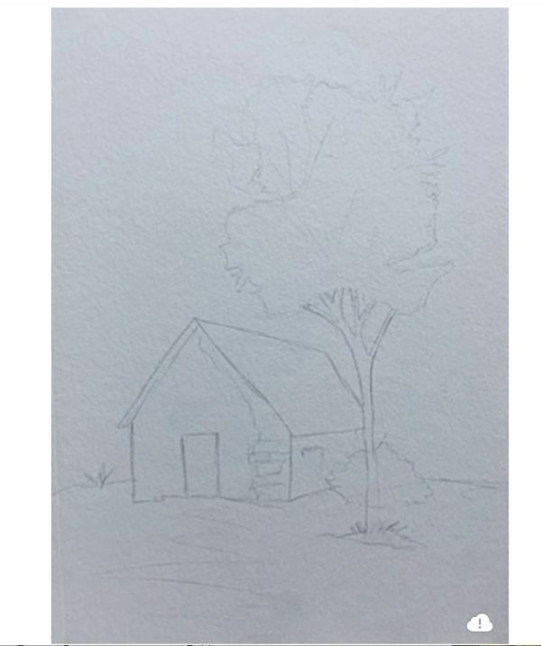 Pencil sketch of a small house beside a tall tree in a simple landscape.