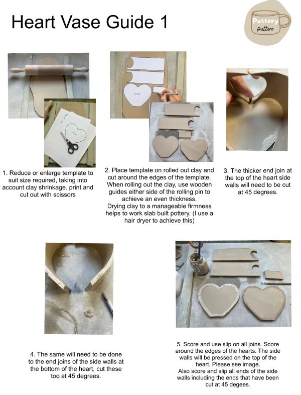 Step-by-step guide for making a heart-shaped clay vase using templates and scoring techniques.