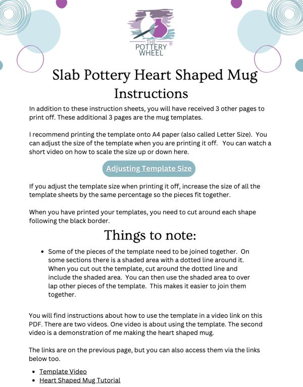 Instruction sheet for making a slab pottery heart-shaped mug with template and video links.