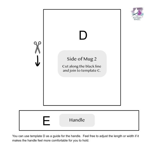 Template pieces for creating a mug handle with cutting instructions.