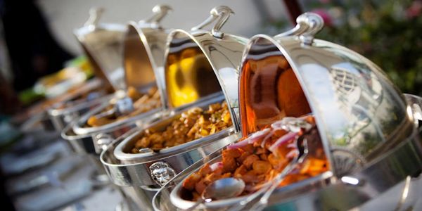 A row of buffet trays