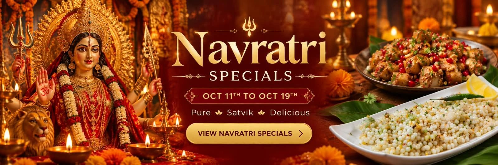 Navratri festival celebration with traditional food and goddess statue.