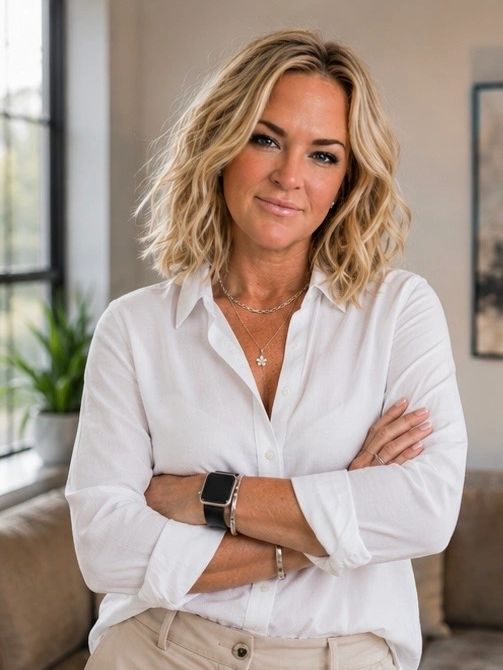 Woman with blonde hair, white shirt, and crossed arms.