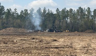 Clearing land with machinery and burning debris near a forest.