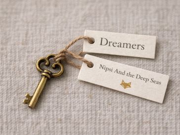 Antique key with two attached tags on fabric.
