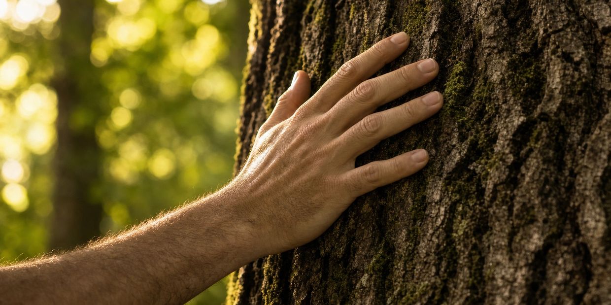 Hand touching tree bark in sunlight.