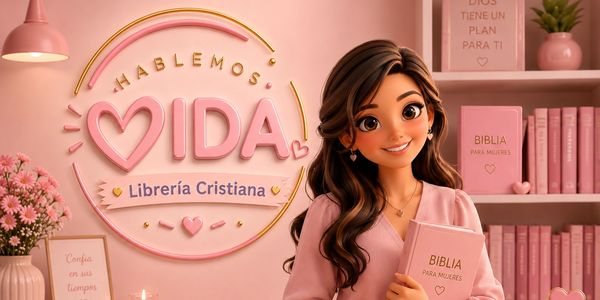 Mujer sonriente en librería cristiana con decoración rosa y Biblia para mujeres.