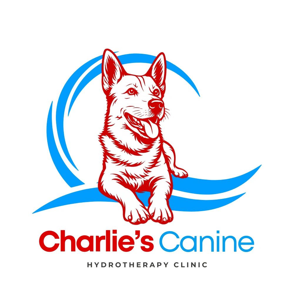 Logo of Charlie's Canine Hydrotherapy Clinic with a happy dog and wave design.