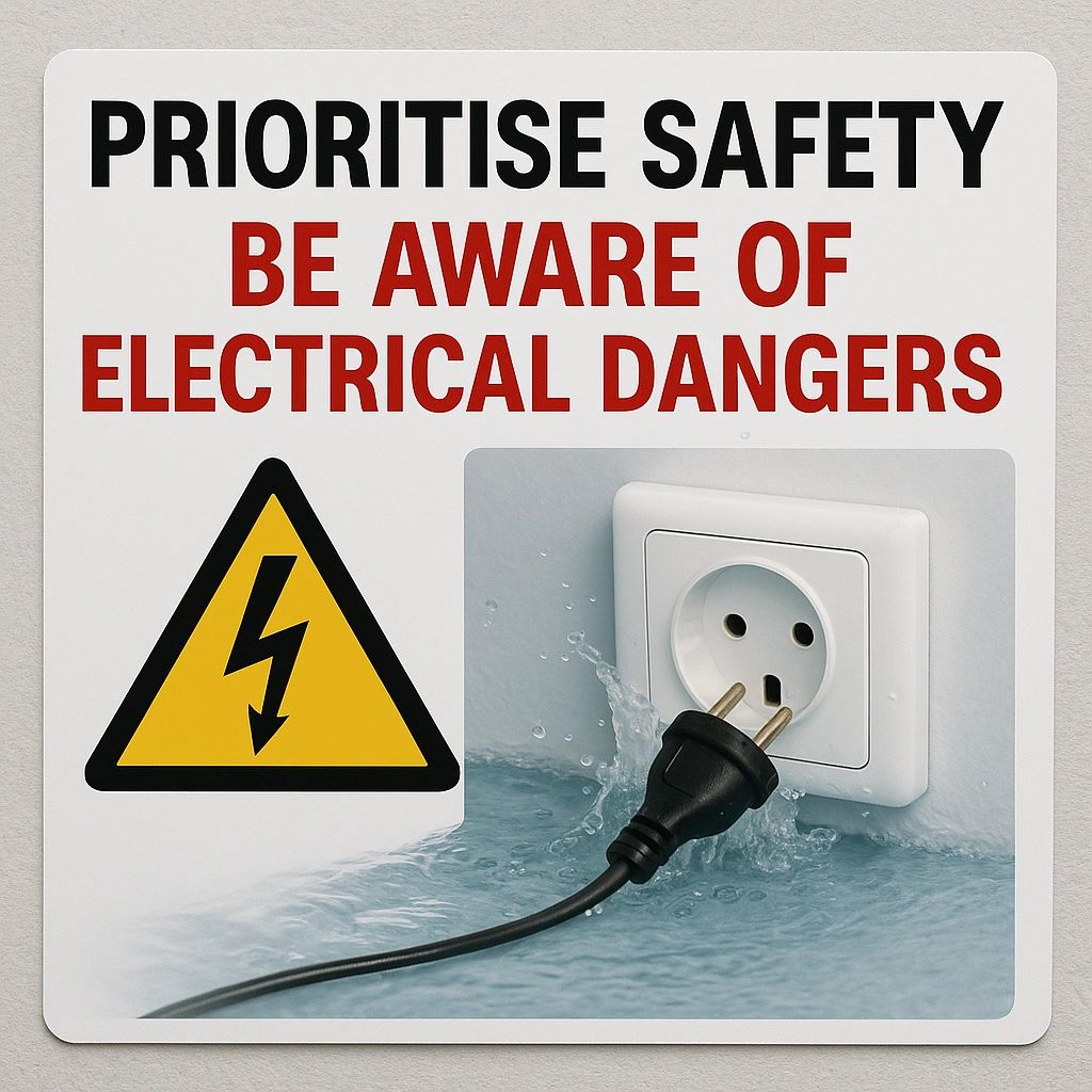 Safety sign warning of electrical hazards from water near power outlet. Safety sign warning of electrical hazards from water near power outlet.