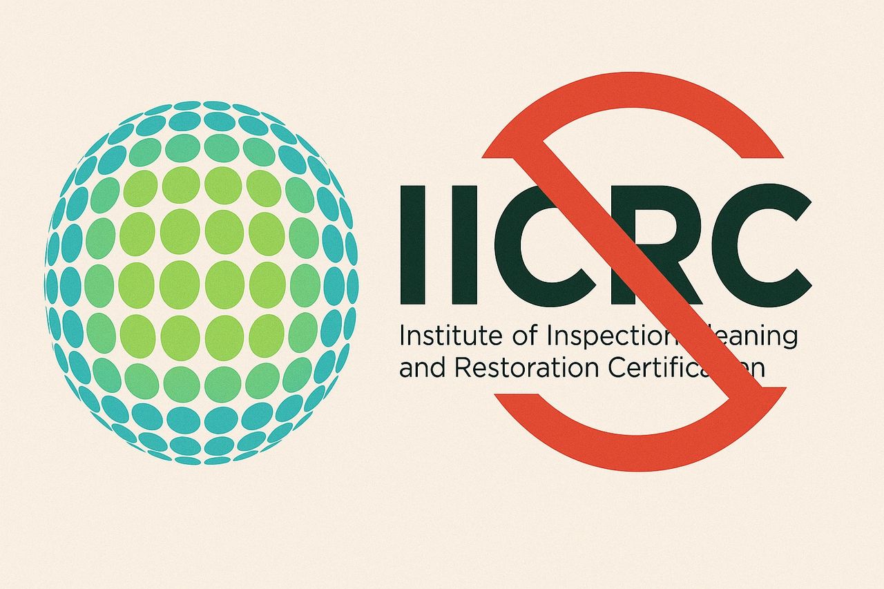 IICRC logo with a red cancellation mark, symbolizing lack of certification from the Institute of Inspection, Cleaning and Restoration Certification. IICRC logo with a red cancellation mark, symbolizing lack of certification from the Institute of Inspection, Cleaning and Restoration Certification.