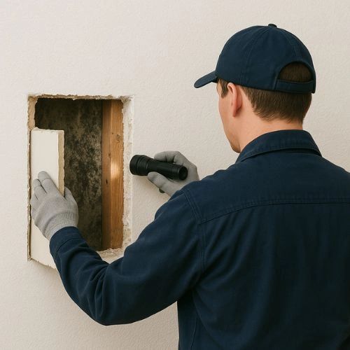 Restoration worker inspecting mould inside wall cavity with flashlight. Restoration worker inspecting mould inside wall cavity with flashlight.