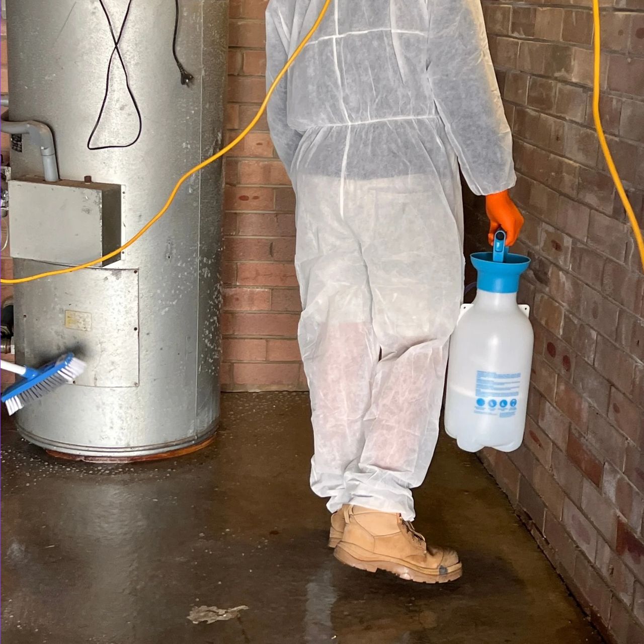 Restoration worker in protective suit carrying sprayer for mould and water damage treatment. Restoration worker in protective suit carrying sprayer for mould and water damage treatment.