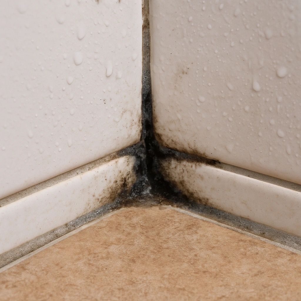 Black mould growing in bathroom tile grout and corner joint with moisture on ceramic surface. Black mould growing in bathroom tile grout and corner joint with moisture on ceramic surface.