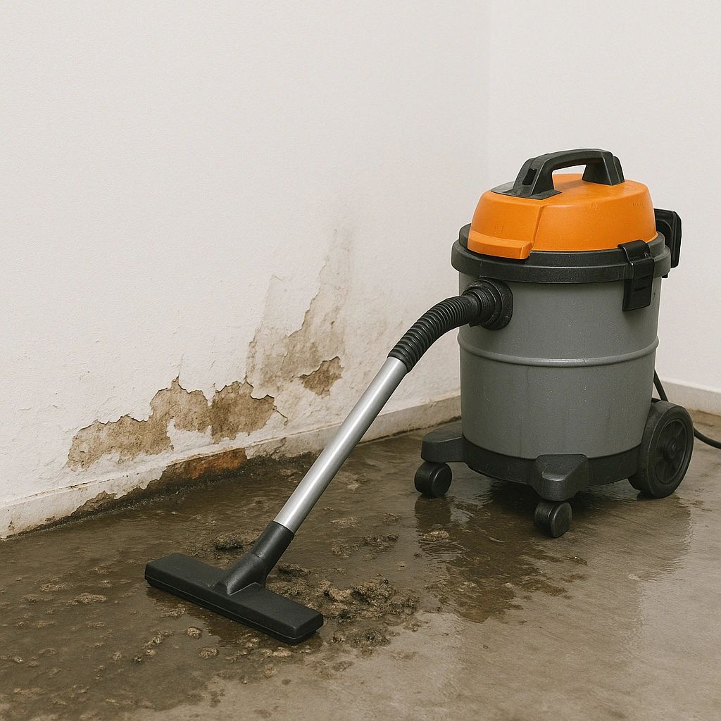Wet vacuum cleaning water damage and mould on concrete floor and wall. Wet vacuum cleaning water damage and mould on concrete floor and wall.