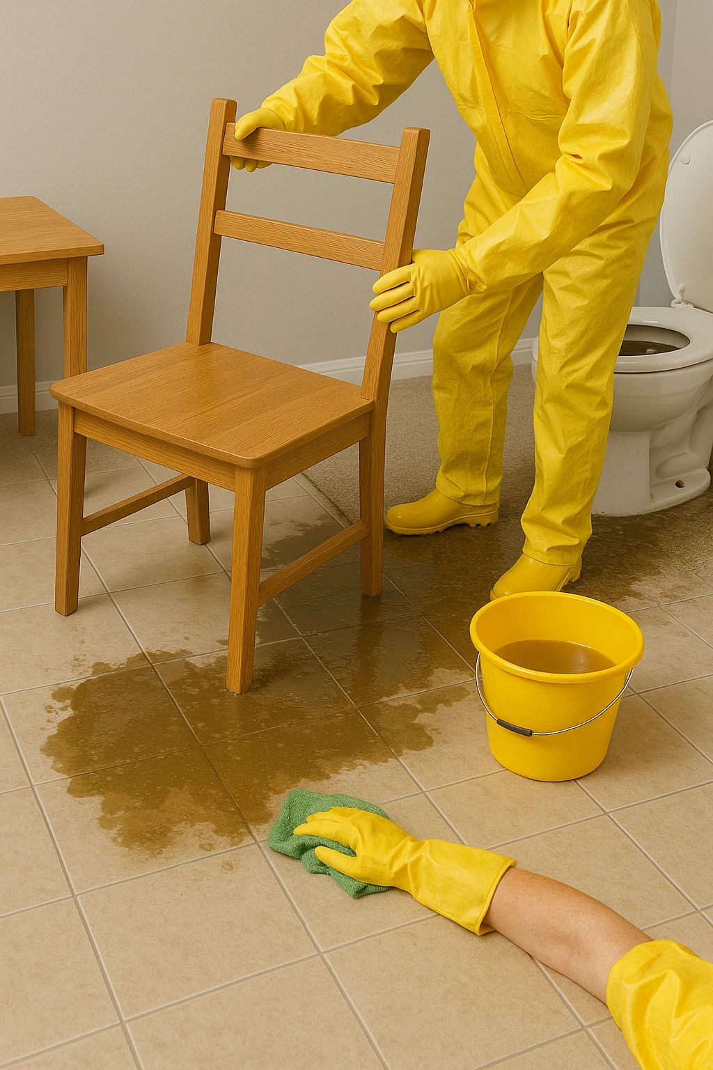 Workers in protective gear cleaning sewage water damage on bathroom floor. Workers in protective gear cleaning sewage water damage on bathroom floor.