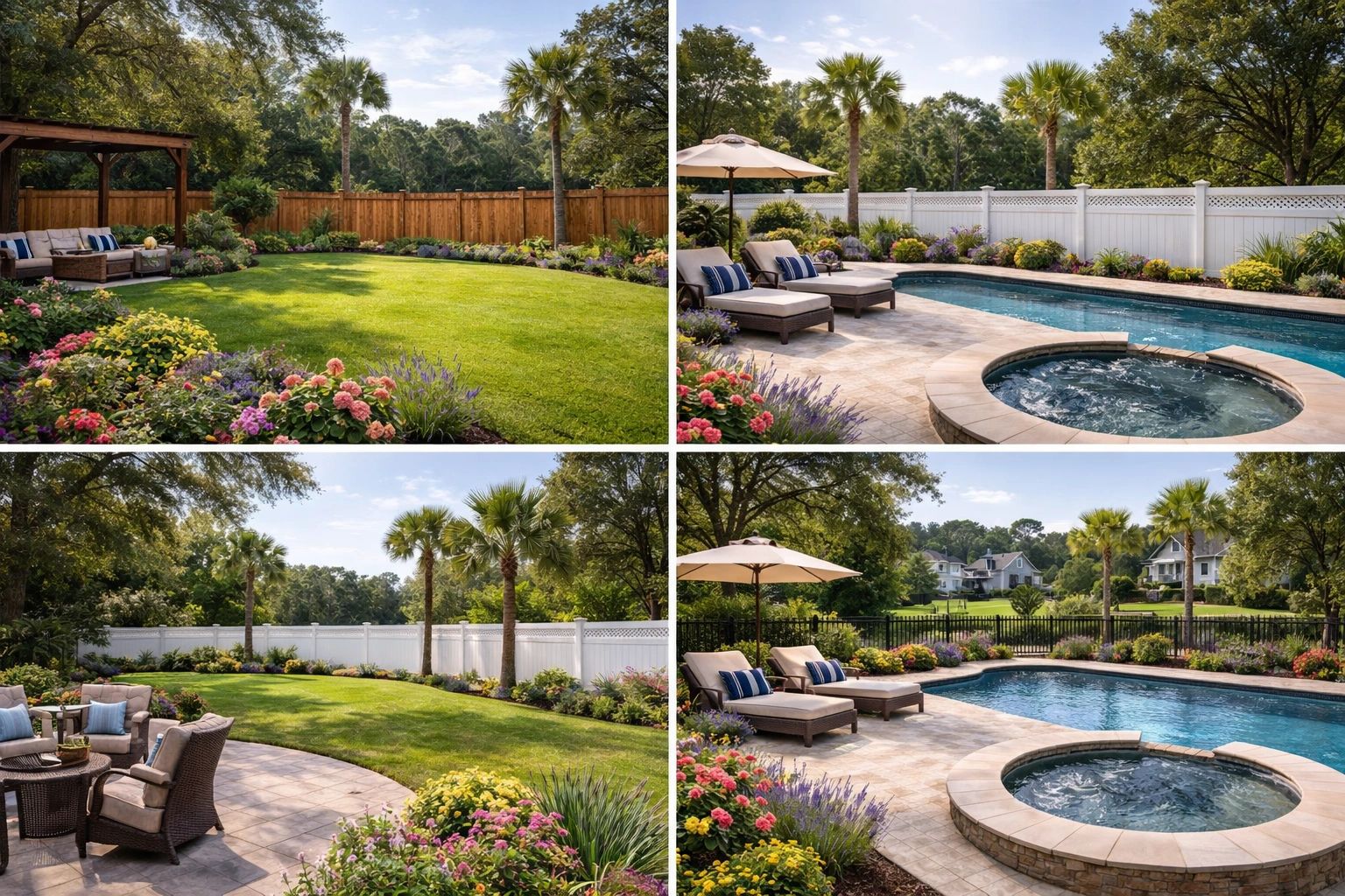 Beautiful backyard with lush garden, pool, hot tub, and cozy seating areas.
