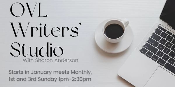 Coffee, laptop, and OVL Writers' Studio announcement with schedule details.