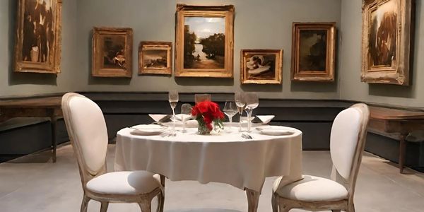 Intimate dinner table for two set in an art gallery with artwork displayed on the walls.