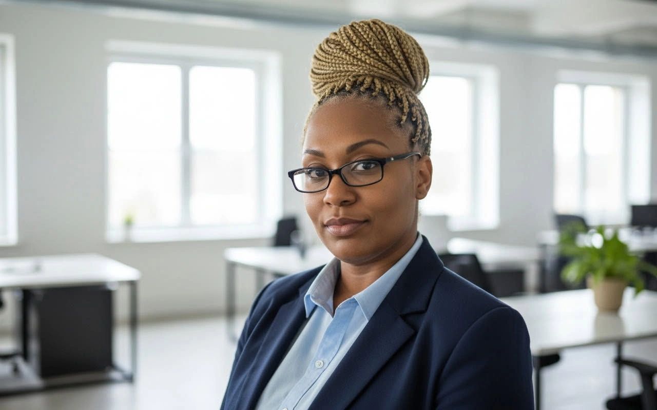 Confident woman with braided hair and glasses in a modern office.