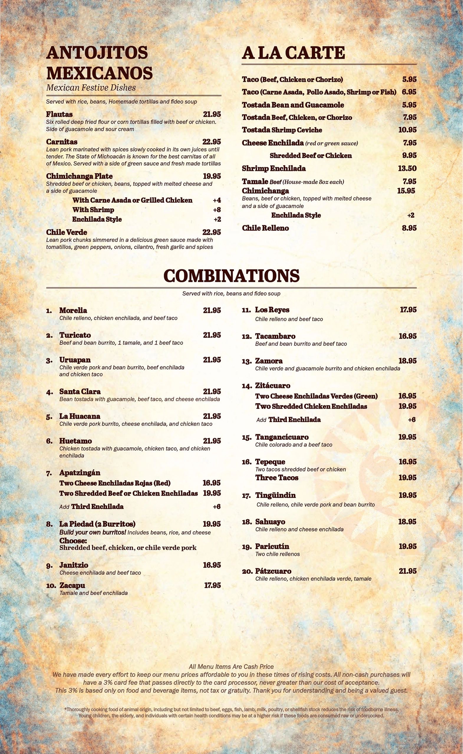Combinations Menu Lindo Michoacan Mexican Restaurant Las Vegas, Nevada