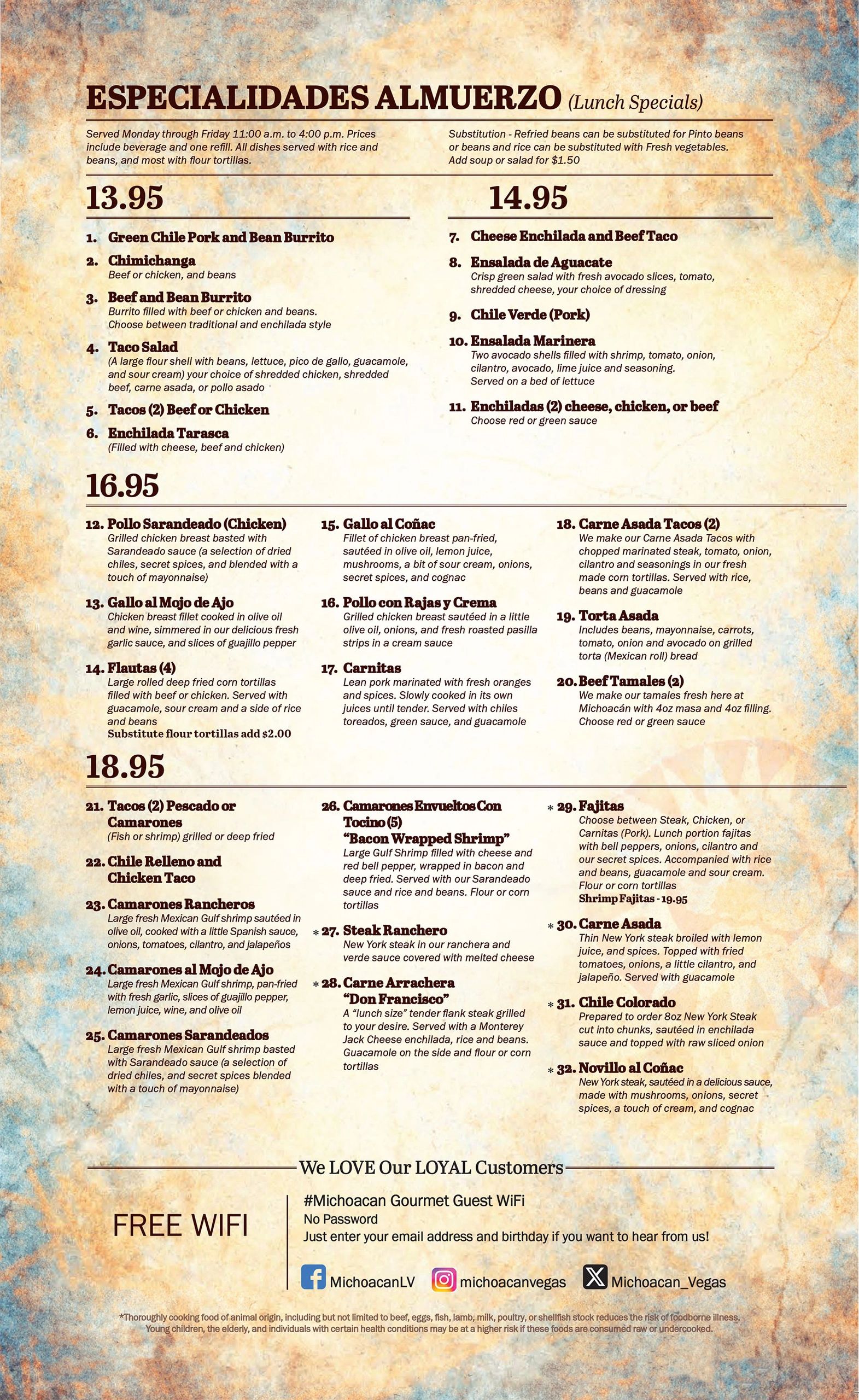 Lunch Menu Lindo Michoacan Mexican Restaurant Las Vegas, Nevada