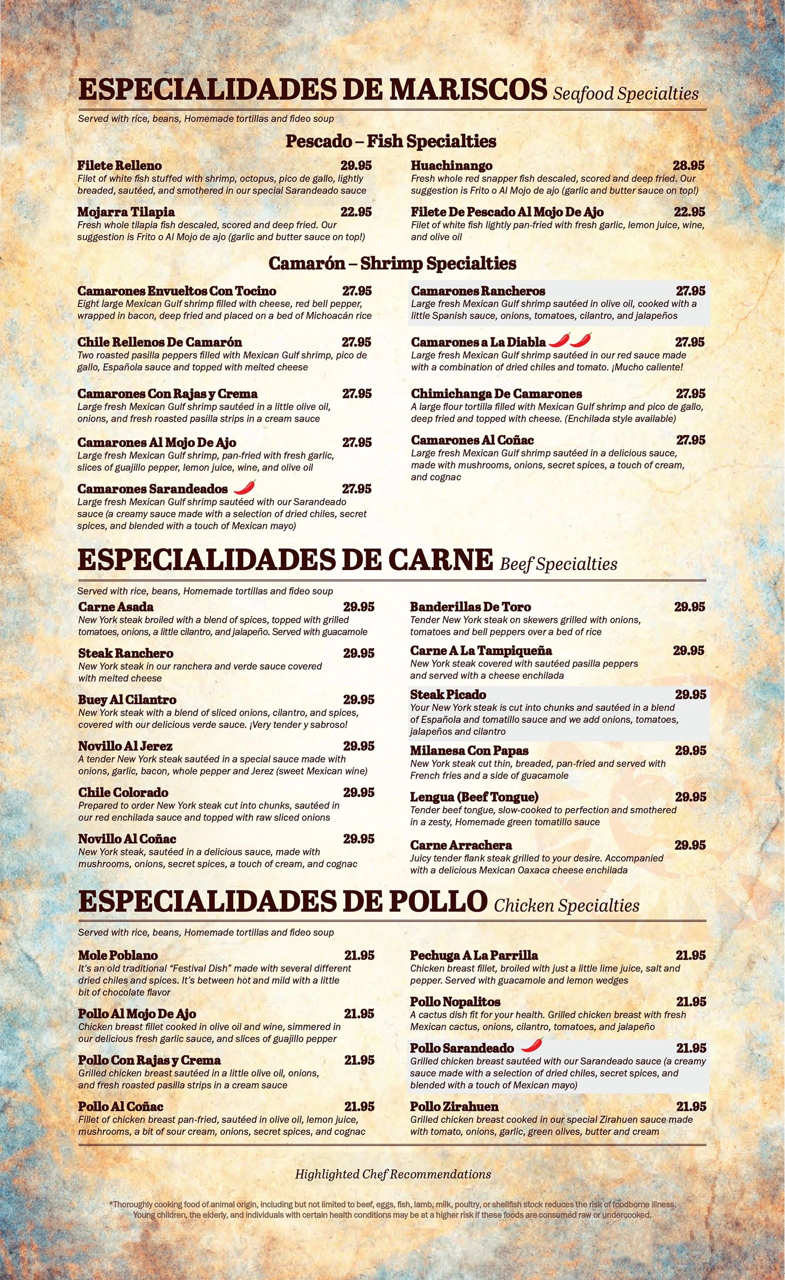Seafood and Specialty dishes Menu Lindo Michoacan Mexican Restaurant Centennial Hills.