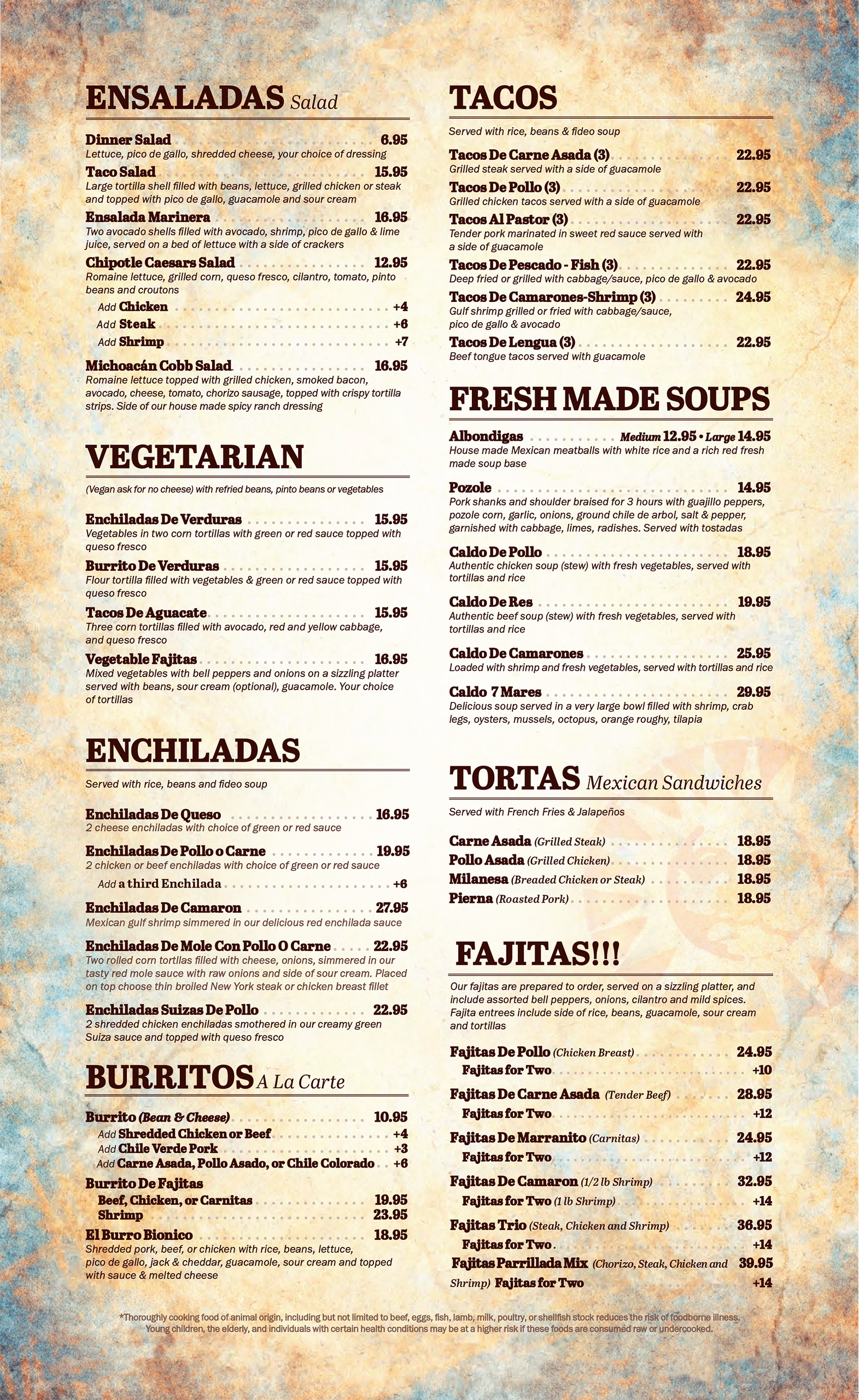 Tacos, Fajitas, Enchiladas Michoacan Mexican Restaurant Menu Las Vegas, Nevada