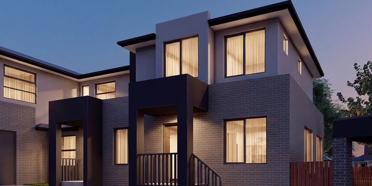 Modern two-story house at dusk with warm interior lights.