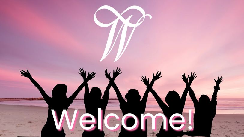 Silhouetted friends cheering at beach sunset with Welcome text.