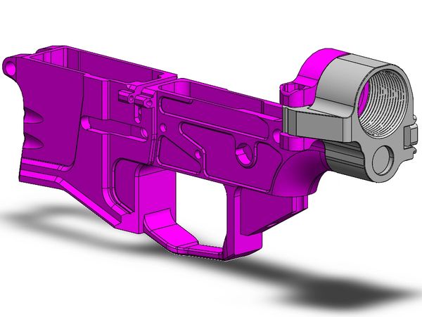 3D CAD model of a purple and gray firearm lower receiver.