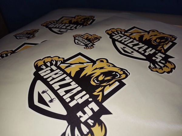 Multiple stickers featuring a roaring grizzly bear logo with 'GRIZZLY' text.