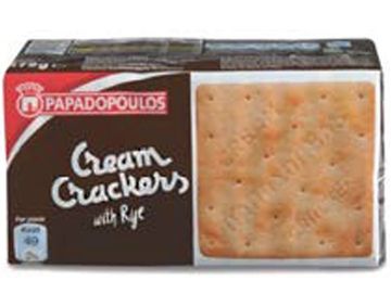 Box of Papadopoulos cream crackers with rye.