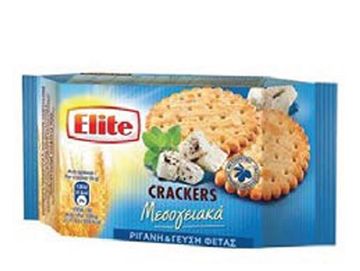 Package of Elite crackers with feta cheese flavor.
