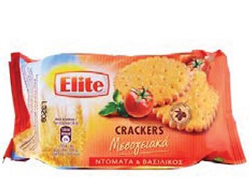 Package of Elite Mediterranean crackers with tomato and basil.