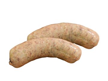 Two raw sausages on a white background.