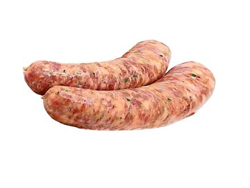 Two raw sausages on a white background.