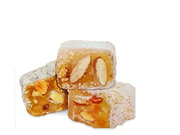Three pieces of Turkish delight with nuts.