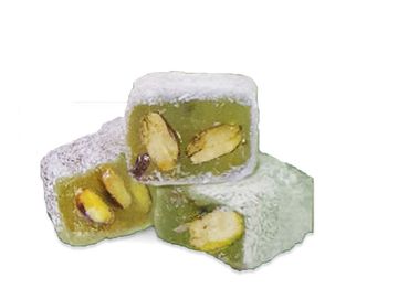 Green pistachio Turkish delight dusted with powdered sugar.