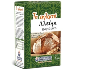 Package of Greek village flour with bread image.