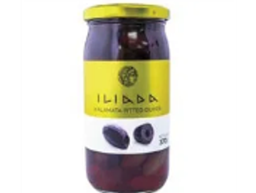 Jar of pitted kalamata olives with a yellow label.